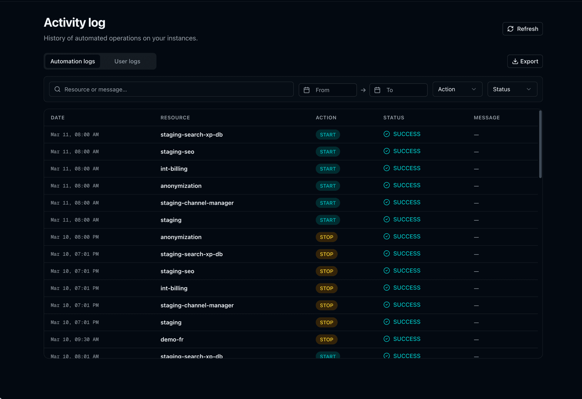 SnoozeDB activity logs showing automation events